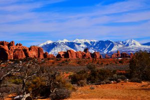 The Fiery Furnace with the La Sal Mountains in the background at Arches National Park