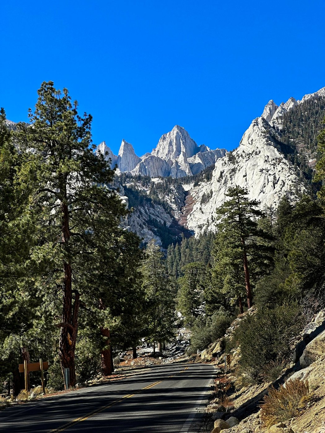 My favorite shot of Mt. Whitney from the Whitney Portal Road in the Eastern Sierra Nevada mountains.
