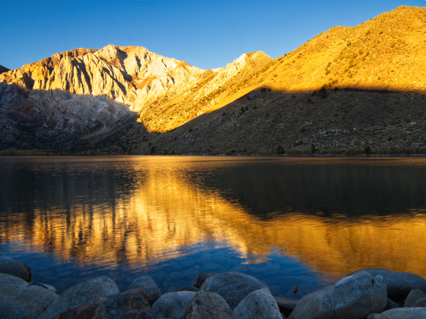 Sunrise on Convict Lake in the Eastern Sierra Nevada Mountains.
